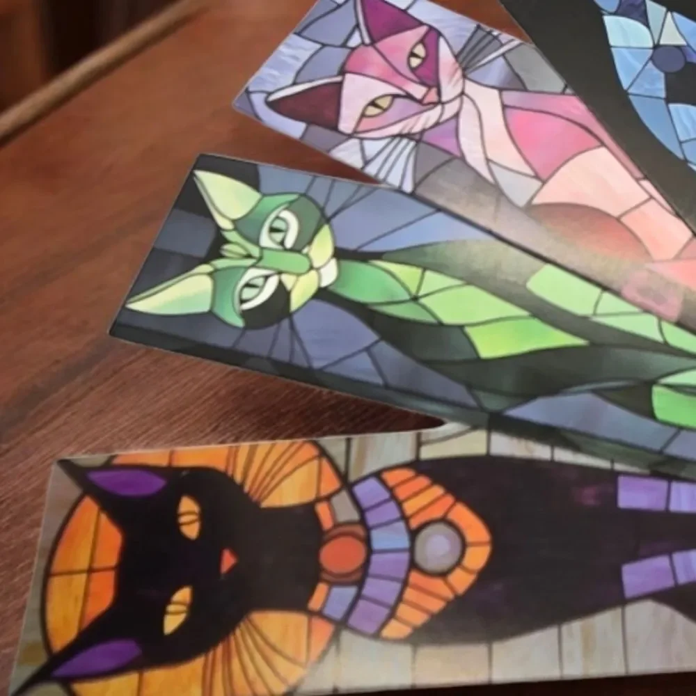 6pc Black Cat Bookmark Set Stained Glass Mosaic Bookmarks Gothic Kawaii Reading